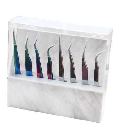 Dust-proof Eyelash Tweezers Holder with Cover, Acrylic MarbleTweezer Organizer for Lash Cart (White)