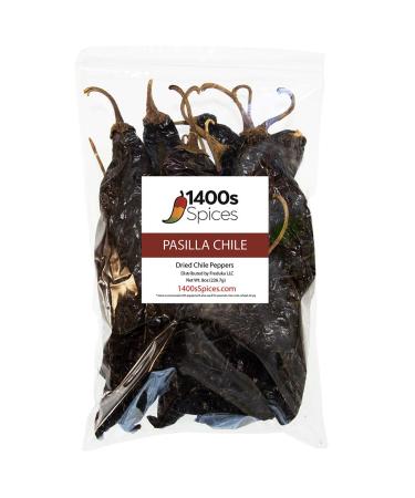 8oz Pasilla Chiles Dried, Whole Dried Chile Seco Mexican Peppers, Versatile Mexican Ingredients for Medium Heat Salsa, Dried Mexico Chiles for Tasty Cooking Recipes, Whole Chilli Dried Peppers by 1400s Spices 8 Ounce (Pack