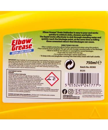 Elbow Grease Drain Unblocker 750 ml Effective for Sinks Baths Showers - For Stubborn Blockages- with Elbow Grease Scrubbing Pad - Buy Online on GoSupps.com
