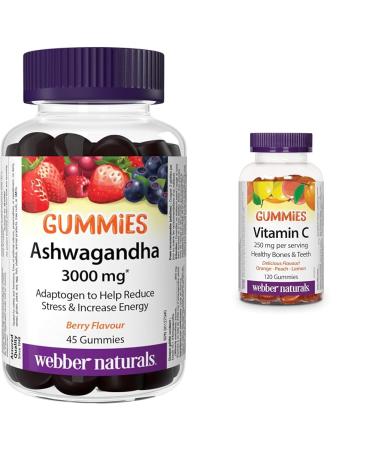 Webber Naturals Ashwagandha Gummy 45 Berry Flavoured Gummies & Vitamin C Gummy 125 mg 120 Gummies For Bones Teeth Immune and Antioxidant Health Vegan