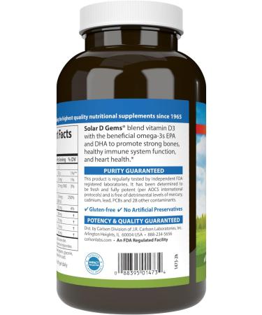 Carlson - Solar D Gems Vitamin D3 and Omega-3 Supplement 2000 IU (50 mcg) Vitamin D3 115 mg Omega-3s EPA and DHA Supplement Wild Caught Sustainably Sourced Lemon 360 Softgels - Buy Online on GoSupps.com