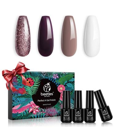 Beetles Dark Burgandy Plum Gel Nail Polish Set - 4 Colors Glitter Metallic Beige White Gel Polish Kit Nail Gel Polish Soak Off LED Lamp Gel Nail Kit Vanish Manicure DIY Home Holiday Dolce Latte