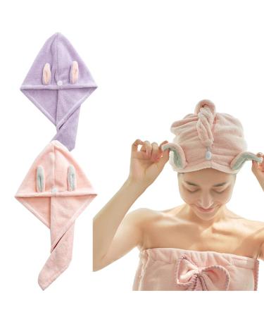 Microfiber hair towel cute rabbit ears quickly drying bathing cap hair turban towel absorbent with button for women (pink and violet) 2 pieces
