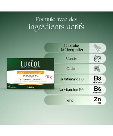 LUXEOL - Progressive Hair Loss - Food Supplement - Based on Montpellier Capillary Plants Zinc & Vitamins B6 & B8 - Made in France - 3 Month Program - 90 Capsules - Buy Online on GoSupps.com