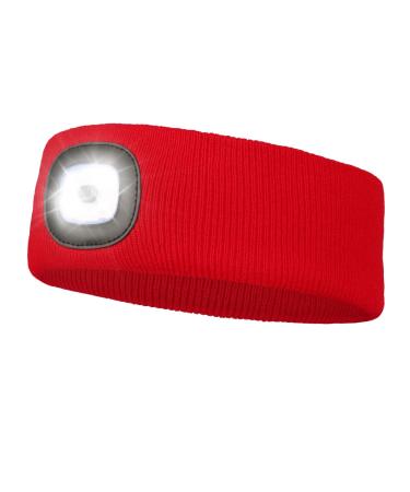 Sports Headband with LED Light, USB Rechargeable Headlamp for Outdoor Visibility, 3 LED Light Settings, Unisex Gifts for Men Women, Running Sweatband for Jogging, Walking, Hiking, Cycling, Dog Walking Red