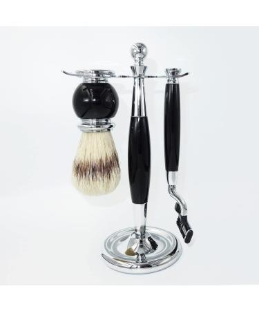 Shop Kjyr Portable Men's Shaving Brushes | Classic Black Acrylic Handles & Stainless Steel Stand | Premium Razor Brush Set - Buy Online on GoSupps.com