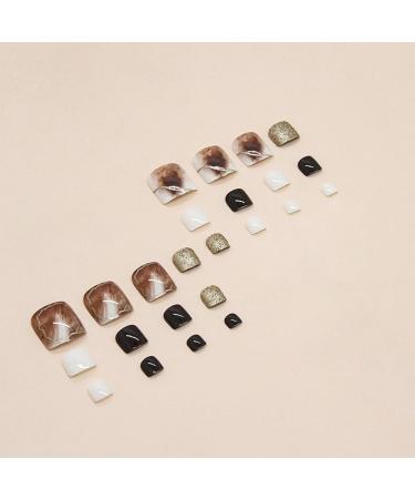 Square Short Acrylic Stick on False Toe Nails - 24Pcs Black Brown Amber Design - Fake Nails with Glue for Women and Girls - Buy Online on GoSupps.com