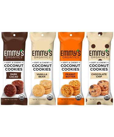 Emmy's Organics, Coconut Cookies - Variety Pack, 1.5 oz (Pack of 12) (Dark Cocao, Peanut Butter, Vanilla Bean, Chocolate Chip)