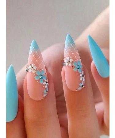 24pcs Blue Flower Striped Coffin Fake Nail Blue Ombre Striped Press on Nails Blue Flower Striped Coffin Nails Luxurious Nails Acrylic Nails Fake Nails For Women Girls