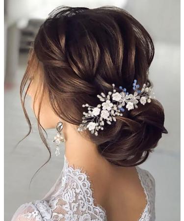 Edary Flower Bride Wedding Hair Vine Silver Crystal Hair Accessories Bridal Pearl Headband Blue Bead Headpiece for Women and Girls - Buy Online on GoSupps.com