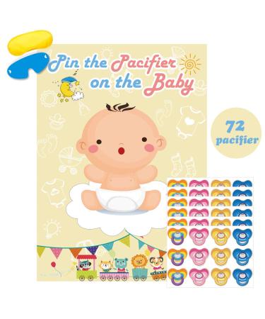 Hooqict Pin The Pacifier On The Baby Game  Baby Pacifier Games Poster with 72pcs Pacifiers Stickers Baby Shower Games Party Favors Girls Boys Kids Birthday Party Supplies