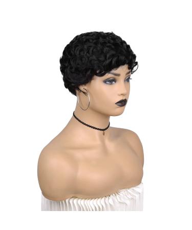 Fancy Human Hair Short Pixie Cut Wig | Black Slight Wavy Brazilian Virgin Hair | Layered Cut for Black Women - 1B Black - Buy Online on GoSupps.com