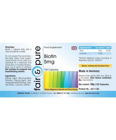 SoMatEm Fair & Pure Biotin 5mg 120 vegan capsules high dose and bioavailable German quality production Fair & Pure - Buy Online on GoSupps.com