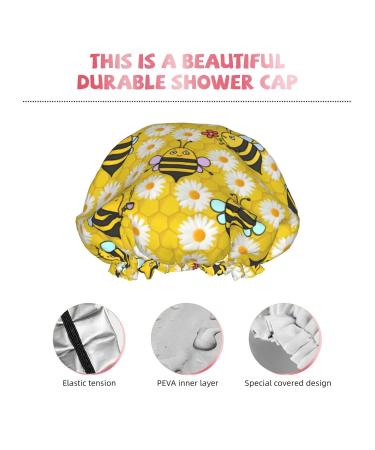Cute Bee and Flowers Pattern Shower Cap for Women - Reusable Long Hair Cap with Elastic Band - Double Layer Bathing Hat for Adults and Kids - Buy Online on GoSupps.com