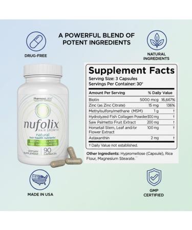 Nufolix Natural Hair Growth Supplement Biotin Zinc MSM Collagen Saw Palmetto Horsetail & Astaxanthin for Thicker Fuller Shiny Hair Nourishes Follicles Reduces Thinning 90 Capsules - Buy Online on GoSupps.com