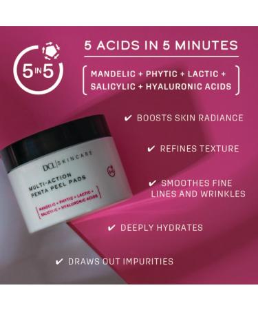 DCL Skincare Multi-Action Penta Peel | Renew Skin in 5 Mins | Gentle Acid Peel with Salicylic Mandelic & Hyaluronic Acids | 50 Pads for Resurfacing & Hydration - Buy Online on GoSupps.com