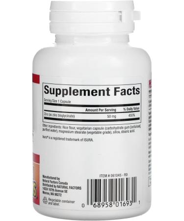 Zinc Bisglycinate 50mg | 60 Veg Capsules | Natural Factors - Buy Online on GoSupps.com