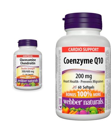 Webber Naturals Glucosamine Chondroitin Double Strength 144 Capsules Helps Relieve Joint Pain & Coenzyme Q10 200mg High Potency Antioxidant Non-GMO Gluten Free 60 softgels