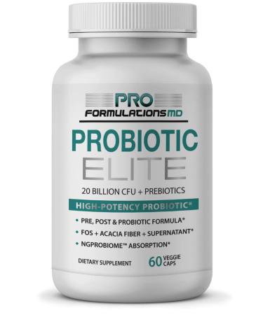 Pro Formulations MD Probiotic Elite Synbiotic with FOS + Supernatant 60 vcaps Pre Post & Probiotic Digestive Support with 20 Billion CFU FOS Acacia Fiber & Freeze Dried Culture Powder