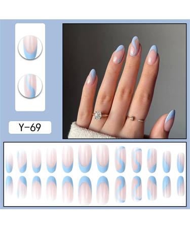 VOTACOS Medium Round Nude Fake Nails with Blue Wave Design - Glossy Full Cover Press on Nails for Women - Buy Online on GoSupps.com
