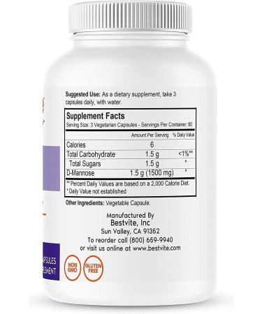 Bestvite D-Mannose 500mg (240 Vegetarian Capsules) | Vegan, Non-GMO, Gluten & Corn Free - Buy Online on GoSupps.com
