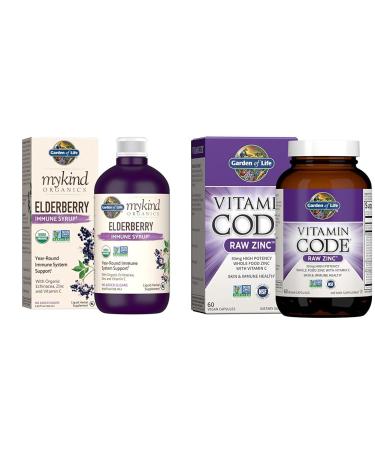 Garden of Life Organics Plant-Based Elderberry Immune Syrup 6.59 fl oz & Zinc Supplements 30mg High Potency Raw Zinc and Vitamin C Multimineral Supplement Supplement + Zinc
