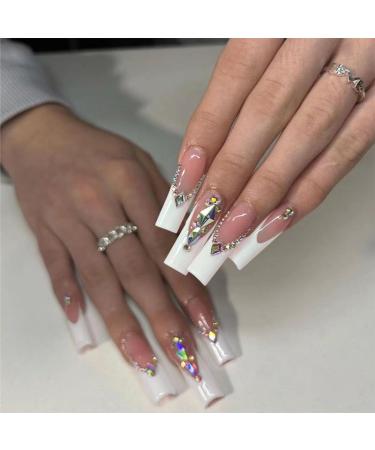 24pcs Long Coffin False Nails French White Tip Stick on Nails Press on Nails with Rhinestones Removable Glue-on Nails Full Cover Fake Nails Women Girls Nail Art Accessories 0268Y50 - Buy Online on GoSupps.com