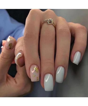 Ceboic 24Pcs Square False Nails Short French Press on Nails with Glue Stickers Gold Glitter Removable Glue on Nails Nude Acrylic Full Cover Stick on Nails for Women and Girls Nails Art Gold Leaf Fragments