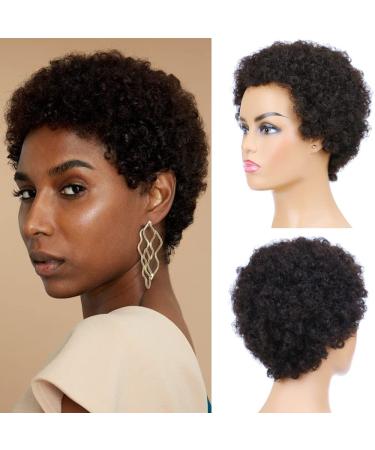 Afro Kinky Curly Human Hair Short Wigs for Women  Full and Fluffy Machine Made Wig Human Hair Pixie Cut Natural Looking Glueless Hair Replacement Wig Black Color (Afro) Pixie cut afro