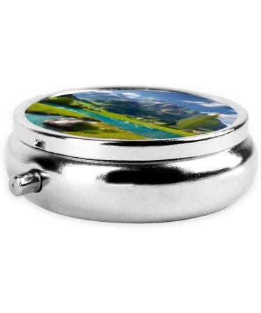 Highland Lake Scenery Round Pill Box - 3 Compartment Organizer for Purse & Pocket - Portable Travel Solution - Buy Online on GoSupps.com