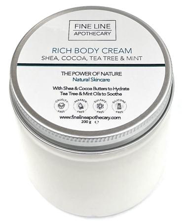 99% of course rich body butter with shea and cocoa butter tea tree & mint - 200 g by Fine Line apothecary.Hydrate dry irritated skin.Rich gentle.PH 5.5 Suitable for sensitive skin.