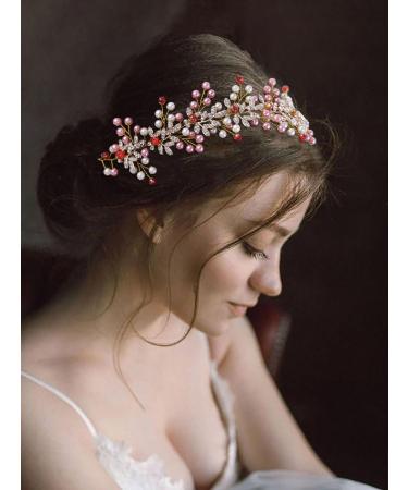 IYOU Pearl Wedding Hair Vine Pink Leaf Bridal Headband Crystal Bridesmaid Bride Hair Piece Accessories for Women(Gold) - Buy Online on GoSupps.com