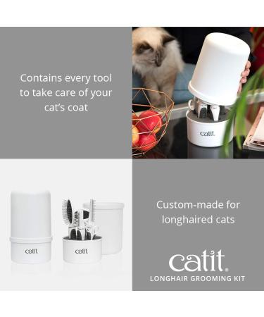 Catit Grooming Kit for Medium-Longhaired Cats. Canister includes 5 tools: Pin brush Long dematter metal slicker brush grooming comb with rolling pins and curved nail clippers - Buy Online on GoSupps.com