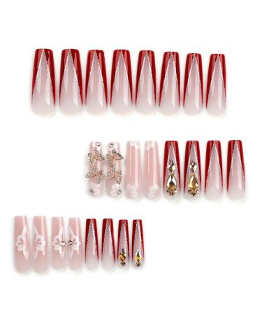 24 Pcs Long Press on Nails Coffin Shape with Rhinestones & 3D Alloy Butterfly | Glossy Full Cover Acrylic Fake Nails for Women - Perfect for Weddings & Manicures - Buy Online on GoSupps.com