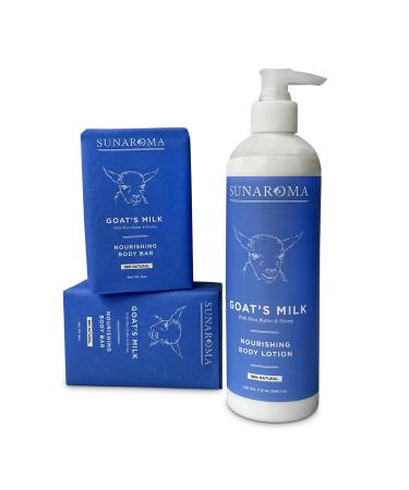 Sunaroma Goat Milk Bath & Body Set - Goat Milk Soap and Lotion - Includes 2 Sunaroma Natural Soap Bars (8 oz each) and 1 Goat Milk Lotion (11.5 oz) - Made with Organic Ingredients