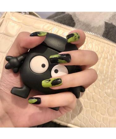 Tseenyi Long Coffin Press On Nails - Black & Green Shiny Full Cover Acrylic Fake Nails for Women & Girls | 24 Pcs Fashion Artificial Nails - Buy Online on GoSupps.com