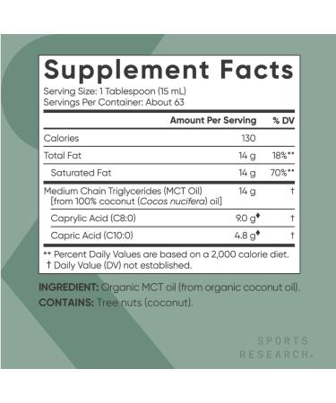 Sports Research Organic MCT Oil Unflavored - 32 fl oz (946 ml) | Pure Coconut Oil Energy Boost - Buy Online on GoSupps.com
