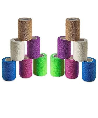 Self Adhesive Bandage Wrap 3 Inch x 5 Yards - Breathable Athletic Cohesive Bandage for Sports Injury Ankle Knee and Wrist Sprains (Pack of 12 Rainbow) Pack of 12 Rainbow