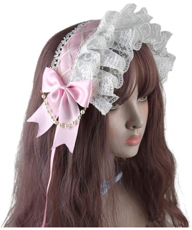 amangul Ruffled Lace Headband Japanese Style Crisscross Ribbon knot Maid Hair Band Pearls Chain Cosplay Hair Accessory(1) - Buy Online on GoSupps.com
