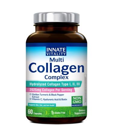 Innate Vitality Multi Collagen Peptides, Type I, II, III, Vitamin C, Biotin, Hyaluronic Acid & Turmeric, 2025mg Hydrolyzed Collagen for Women & Men, Skin, Hair & Nail Support, 60 Capsules 60 Count (Pack of 1)