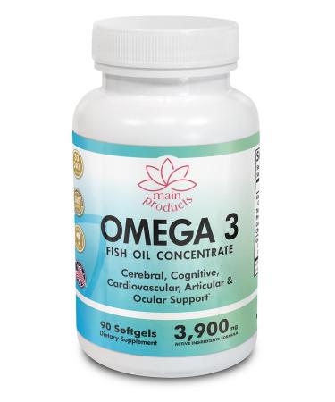 Omega 3 Fish Oil Concentrate Supplement for Women and Men - 3900mg Active Ingredients Omega 3 Fatty Acids EPA and DHA - 90 Softgels - One Month Supply.
