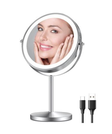 Lighted Makeup Mirror  8 Rechargeable Double Sided Magnifying Mirror with 3 Colors  360  Rotation Touch Screen 10x Mirror with Stand  Brightness Adjustable Cosmetic Light up Mirror  Detachable Base