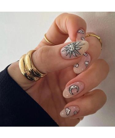 JUSTOTRY 24 Pcs Oval False Nails Short with Moon Pattern Pink French Press on Nails Cartoon Galaxy Fake Nails Short with Nail Glue Almond Stick on Nails for Women Nails Fake Nail for Nails Art pink& cloud1