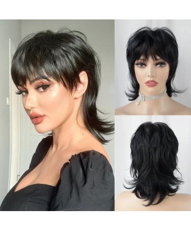 StrRid Short Black Wig Shaggy Layered 80s Mullet Wig Pixie Cut Wig With Bangs Curly Synthetic Natural Fake Hair Replacement Wigs for White Women Daily Party Cosplay Costume Use (Black)