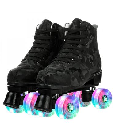 Womens Classic Roller Skates High-top Double-Row Four Wheels Cowhide Outdoor Skating for Youth Boys Girls with Shoes Bag Black camo flash 41-US:9