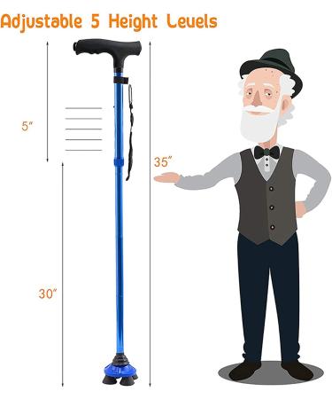 Folding Walking Cane with LED Light - Blue - Adjustable Stick for Men/Women - Includes Carrying Bag - Ideal for 4'9''-5'6'' Height - Buy Online on GoSupps.com