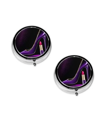 (Elegant Purple High Heels with Lipstick) Round Pill Box 3 Compartment Pill Box Mini Decorative Pocket Purse Portable Travel Medicine Tablet Vitamin Holder Organizer Pill Case