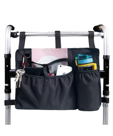 BVMAG Walker Bag Pouch Basket Armrest Attachments Hand Free Storage Bags with Cup Holder Water-Resistant for Folding Rollator Accessories Suit for Elderly Seniors Handicap Disabled (Black)