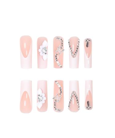 French Tip Press On Nails - Long Square Glossy Nude Fake Nails with 3D Rhinestones & Flower Butterfly Charms - 24pcs for Women & Girls - Buy Online on GoSupps.com