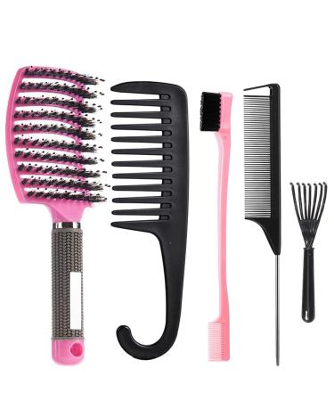 5 Pieces Boar Bristle Hair Brush Set, Curved Vented Detangling Hair Brush with Wide Tooth Comb, Rat Tail Combs, Edge Brush, Brush Cleaner for Women Men Kids, Curly Hair Brush Paddle Brush for Curly Straight Wet or Dry Blac…